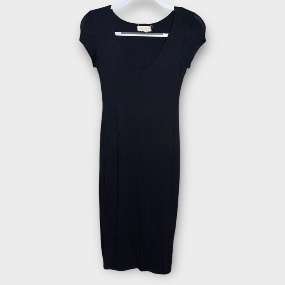 See You Monday Black Midi Sheath Dress with V-Neck and Cap Sleeves